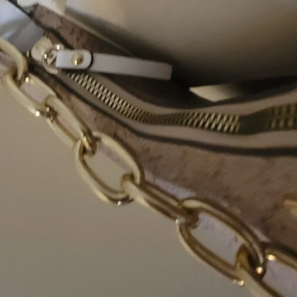 Nanette Lepore Monogram Shoulder Bag – Tan/Beige with Gold Chain Detail - Picture 7 of 16